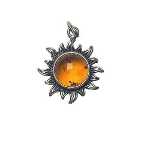 Vintage Baltic Amber Sun Pendant Silver Tone Celestial Charm 3/4”